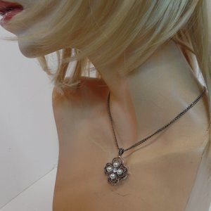 Premier Designs PD (stamped) Multi Strand Silvertone Necklace Faux Pearl Pendant